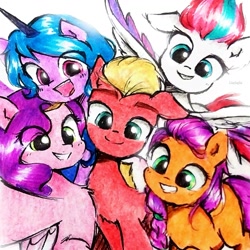 Size: 1577x1577 | Tagged: safe, artist:liaaqila, izzy moonbow, pipp petals, sprout cloverleaf, sunny starscout, zipp storm, earth pony, pegasus, pony, unicorn, g5, commission, cute, eye clipping through hair, female, grin, male, mare, selfie, siblings, simple background, sisters, smiling, spread wings, sprout gets all the mares, sproutbetes, sproutlove, stallion, traditional art, white background, wings