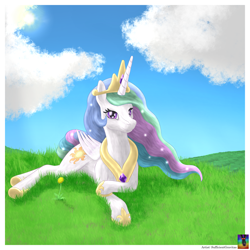 Size: 3500x3500 | Tagged: safe, artist:sufficientgravitas, princess celestia, alicorn, pony, g4, bust, cloud, crepuscular rays, female, flower, grass, high res, horn, lying down, mare, outdoors, portrait, solo, wings