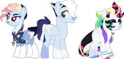 Size: 855x407 | Tagged: safe, artist:klawiee, artist:selenaede, rainbow dash, soarin', oc, pegasus, pony, g4, alternate design, alternate hairstyle, base used, clothes, coat markings, family, female, male, mare, multicolored hair, offspring, parent:rainbow dash, parent:soarin', parents:soarindash, pegasus oc, rainbow hair, ship:soarindash, shipping, simple background, small wings, socks (coat markings), stallion, straight, transparent background, uniform, whistle, whistle necklace, wings, wonderbolts dress uniform