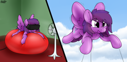 Size: 3234x1575 | Tagged: safe, artist:the-furry-railfan, oc, oc only, oc:emilia starsong, inflatable pony, pegasus, pony, balloon, balloon riding, fan, floating, high res, inflatable, inflated ears, inflated tail, inflated wings, inflation, lying down, parade balloon, smiling, squishy, tail, that pony sure does love balloons, vr headset, wings