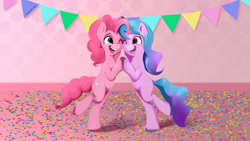 Size: 1920x1080 | Tagged: safe, artist:darksly, izzy moonbow, pinkie pie, earth pony, pony, unicorn, g4, g5, atg 2022, banner, bipedal, confetti, cute, diapinkes, duo, female, horn, izzy and her heroine, izzybetes, mare, newbie artist training grounds, one eye closed, party, the new pinkie pie, wink