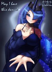 Size: 1540x2106 | Tagged: safe, artist:chiefywiffy, princess luna, human, g4, bare shoulders, breasts, bronybait, busty princess luna, dialogue, eye clipping through hair, female, hand on chest, humanized, looking at you, offering, solo, talking to viewer