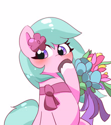 Size: 3000x3400 | Tagged: safe, artist:leo19969525, dahlia, earth pony, pony, g5, adordahlia, blue mane, blue tail, blushing, clothes, cute, daaaaaaaaaaaw, female, flower, flower in hair, high res, hoof over mouth, mane, mare, purple eyes, scarf, simple background, sitting, solo, tail, white background