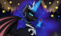 Size: 3500x2100 | Tagged: safe, artist:ladyluna2, nightmare moon, alicorn, pony, g4, alcohol, bat wings, blue eyes, blue mane, crown, digital art, ethereal mane, fangs, female, flowing mane, glass, glowing, glowing horn, happy, high res, horn, jewelry, looking at you, magic, mare, open mouth, peytral, regalia, smiling, smiling at you, solo, sparkles, spread wings, starry mane, stars, teeth, wine, wine glass, wings