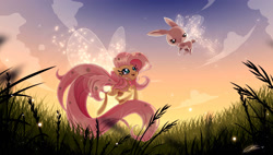 Size: 2390x1359 | Tagged: safe, artist:ckibe, angel bunny, fluttershy, breezie, rabbit, g4, angel bunny is not amused, animal, breeziefied, duo, duo male and female, female, flower, flower in hair, flutterbreez, fluttering, flying, grass, happy, male, open mouth, smiling, species swap, unamused