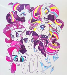 Size: 1973x2198 | Tagged: safe, artist:creeate97, rarity, pony, unicorn, g4, alternate hairstyle, angry, commonity, floppy ears, lidded eyes, multeity, punk, rainbow power, raripunk, sad, smiling, solo, traditional art