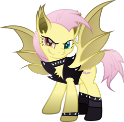 Size: 3360x3292 | Tagged: safe, artist:php178, fluttershy, bat pony, pony, cinemare sins, a bird in the hoof, bats!, g4, my little pony: the movie, scare master, .svg available, alternate cutie mark, alternate design, alternate hairstyle, alternate tailstyle, bat ponified, bomber jacket, boots, bootstrap paradox, chest fluff, choker, claws, clothes, collar, colored pupils, cute, cute little fangs, fangs, female, flutterbat, flutterpunk, fusion, heterochromia, high res, inkscape, inverted mouth, jacket, leather, leather jacket, looking at you, messy mane, messy tail, movie accurate, punk, race swap, red eyes, rocker, shoes, shyabates, shyabetes, simple background, smiling, smiling at you, smirk, socks, solo, spiked choker, spiked collar, spiked wristband, svg, tail, transparent background, vector, vest, wing claws, wings, wristband