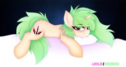 Size: 3600x1912 | Tagged: safe, artist:lunylin, artist:ponipan341, oc, oc only, oc:c-3301, pony, unicorn, collaboration, female, horn, looking at you, lying down, mare, solo, unicorn oc
