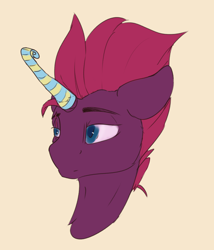 Size: 1536x1796 | Tagged: safe, artist:tenebrisnoctus, fizzlepop berrytwist, tempest shadow, pony, unicorn, g4, atg 2022, bust, female, horn, mare, newbie artist training grounds, party horn, simple background, solo, tempest gets her horn back, yellow background