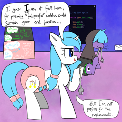 Size: 2500x2500 | Tagged: safe, artist:duckchip, oc, oc:card muncher, oc:sweet dreams, earth pony, pony, unicorn, cable, chewing, clothes, code, diaper, diaper fetish, duo, eating, fetish, hair over eyes, hair over one eye, high res, hoodie, non-baby in diaper, nonbinary, programming, shiny eyes, speech bubble