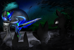 Size: 3496x2362 | Tagged: safe, artist:cerria, oc, oc only, oc:midnight (dimensional shift), alicorn, pony, shadow pony, alicorn oc, clothes, glowing, glowing eyes, high res, horn, male, scarf, space, stallion, sword, weapon, wings
