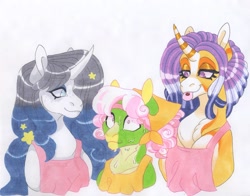 Size: 3773x2955 | Tagged: safe, artist:frozensoulpony, oc, oc only, oc:bedrock pie, oc:citrus sprout, oc:sunrise shine, earth pony, pony, unicorn, anthro, apron, clothes, female, high res, male, mare, stallion, sweat, tongue out, traditional art