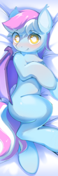 Size: 720x2160 | Tagged: safe, artist:morealy, oc, oc:woodgu, bat pony, pony, bat pony oc, bat wings, blushing, body pillow, body pillow design, female, looking at you, mare, smiling, wings
