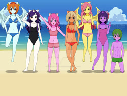 Size: 1024x768 | Tagged: safe, artist:theodoratrollface, applejack, fluttershy, pinkie pie, rainbow dash, rarity, spike, twilight sparkle, human, g4, beach, belly button, bikini, clothes, deviantart watermark, humanized, kisekae, mane seven, mane six, obtrusive watermark, swimming trunks, swimsuit, watermark