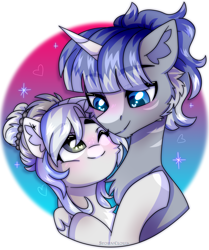 Size: 1500x1796 | Tagged: safe, artist:stesha, oc, oc only, oc:solar eclipse, pegasus, pony, unicorn, blue eyes, blushing, bust, cute, female, horn, hug, looking at each other, looking at someone, male, mare, oc x oc, one eye closed, pegasus oc, shipping, smiling, smiling at each other, stallion, unicorn oc