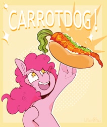 Size: 2120x2495 | Tagged: safe, artist:urbanqhoul, pinkie pie, earth pony, pony, g4, carrot, carrot dog, eyebrows, female, food, herbivore, high res, mare, open mouth, open smile, signature, smiling, solo, starry eyes, wingding eyes