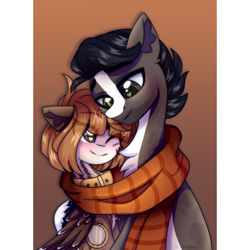 Size: 2500x2500 | Tagged: safe, artist:stesha, oc, oc only, earth pony, pegasus, pony, blushing, bust, chest fluff, clothes, commission, cute, earth pony oc, female, folded wings, glasses, glasses off, high res, looking at each other, looking at someone, male, mare, oc x oc, one eye closed, pegasus oc, scarf, shared clothing, shared scarf, shipping, smiling, smiling at each other, stallion, wings