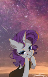 Size: 1600x2560 | Tagged: safe, artist:dawnflame, rarity, pony, unicorn, g4, backless, black dress, clothes, dress, female, little black dress, looking at you, mare, shooting star, solo, stars, tongue out