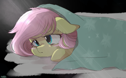 Size: 2560x1600 | Tagged: safe, artist:dawnflame, fluttershy, pegasus, pony, g4, blanket, crepuscular rays, cute, female, floppy ears, high res, lying down, mare, melancholy, prone, shyabetes, sleepless, solo