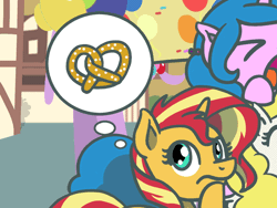 Size: 648x486 | Tagged: safe, artist:flutterluv, part of a set, izzy moonbow, sunset shimmer, surprise, pegasus, pony, unicorn, g1, g5, animated, atg 2022, female, food, mare, newbie artist training grounds, part of a series, ponyville, pretzel, solo focus, thought bubble
