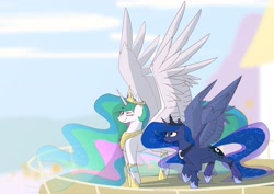 Size: 4096x2895 | Tagged: safe, artist:renderpoint, princess celestia, princess luna, alicorn, pony, g4, canterlot castle, concave belly, day, female, large wings, looking at each other, looking at someone, mare, one eye closed, royal sisters, siblings, sisters, spread wings, wings, wink