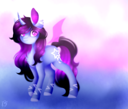 Size: 2000x1700 | Tagged: safe, artist:prettyshinegp, oc, oc only, alicorn, bat pony, bat pony alicorn, pony, bat pony oc, bat wings, chest fluff, female, floating wings, horn, mare, signature, smiling, solo, wings