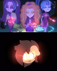 Size: 2000x2500 | Tagged: safe, artist:ribiruby, edit, edited screencap, screencap, adagio dazzle, aria blaze, sonata dusk, oc, oc:ruby big heart, human, equestria girls, find the magic, g4, my little pony equestria girls: better together, 2019, high res, old art, the dazzlings