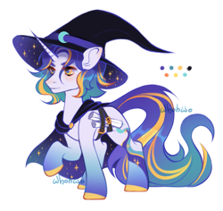 Size: 2199x2076 | Tagged: safe, artist:whohwo, oc, oc only, pony, unicorn, hat, high res, horn, male, raised hoof, simple background, smiling, solo, stallion, unicorn oc, white background, witch hat