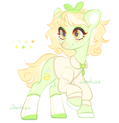 Size: 1810x1877 | Tagged: safe, artist:whohwo, oc, oc only, earth pony, pony, clothes, earth pony oc, eyelashes, female, leg warmers, mare, raised hoof, simple background, smiling, solo, white background