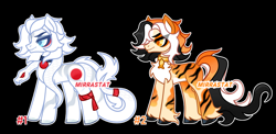 Size: 1280x623 | Tagged: safe, artist:mirrastat, oc, oc only, earth pony, pony, black background, chest fluff, duo, earth pony oc, male, simple background, smiling, stallion