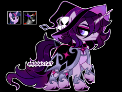 Size: 1280x966 | Tagged: safe, artist:mirrastat, king sombra, twilight sparkle, oc, pony, unicorn, g4, black background, choker, frown, grin, hat, male, offspring, parent:king sombra, parent:twilight sparkle, parents:twibra, simple background, smiling, sombra eyes, stallion, witch hat