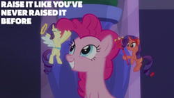Size: 1280x720 | Tagged: safe, edit, edited screencap, editor:quoterific, screencap, pinkie pie, rarity, earth pony, pony, unicorn, g4, season 6, the saddle row review, ^^, angel rarity, cute, devil rarity, diapinkes, eyes closed, female, grin, mare, open mouth, open smile, raribetes, shoulder angel, shoulder devil, smiling, text, trio
