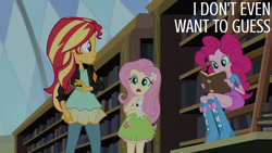 Size: 1280x720 | Tagged: safe, edit, edited screencap, editor:quoterific, screencap, angel bunny, fluttershy, pinkie pie, sunset shimmer, human, rabbit, equestria girls, g4, my little pony equestria girls: friendship games, animal, book, boots, canterlot high, clothes, female, jacket, leather, leather jacket, library, male, open mouth, shoes, smiling, text
