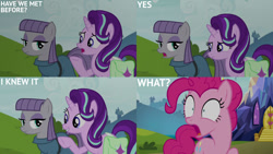 Size: 1280x720 | Tagged: safe, edit, edited screencap, editor:quoterific, screencap, maud pie, pinkie pie, starlight glimmer, earth pony, pony, unicorn, g4, rock solid friendship, season 7, bag, mre, open mouth, pinpoint eyes, saddle bag, smiling, text, trio, twilight's castle