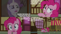 Size: 1280x720 | Tagged: safe, edit, edited screencap, editor:quoterific, screencap, pinkie pie, rarity, earth pony, pony, unicorn, g4, season 5, the one where pinkie pie knows, duo, female, mare, open mouth, text