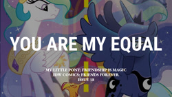 Size: 1280x720 | Tagged: safe, edit, editor:quoterific, idw, philomena, princess celestia, princess luna, alicorn, phoenix, pony, g4, my little pony: friends forever, spoiler:comic, female, looking at each other, looking at someone, male, mare, spread wings, text, trio, wings