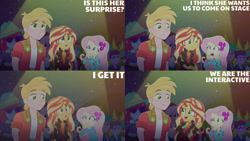 Size: 1280x720 | Tagged: safe, edit, edited screencap, editor:quoterific, screencap, big macintosh, fluttershy, sunset shimmer, human, equestria girls, g4, my little pony equestria girls: better together, my little pony equestria girls: choose your own ending, the last drop, clothes, female, geode of empathy, jacket, magical geodes, male, music festival outfit, night, open mouth, open smile, smiling, text, trio, trio focus