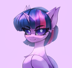 Size: 3008x2863 | Tagged: safe, artist:jfrxd, twilight sparkle, alicorn, pony, bust, ear fluff, eye clipping through hair, female, high res, horn, mare, pink background, simple background, smiling, solo, twilight sparkle (alicorn), white pupils
