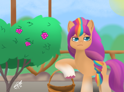 Size: 2055x1541 | Tagged: safe, artist:_cobalttuelatte, sunny starscout, earth pony, pony, g5, lost in translation (episode), my little pony: tell your tale, spoiler:g5, spoiler:my little pony: tell your tale, spoiler:tyts01e19, cute, eyebrows, eyebrows visible through hair, female, frown, looking at you, mane stripe sunny, mare, multicolored hair, pouting, raised eyebrow, scene interpretation, signature, solo, sunny starscout is not amused, sunnybetes, unamused