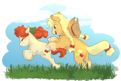 Size: 1920x1288 | Tagged: safe, artist:thegoogs, apple bloom, applejack, earth pony, pony, g4, alternate cutie mark, apple sisters, applebutt, braid, butt, duo, eyes closed, female, grass, grin, older, older apple bloom, pigtails, plot, running, siblings, simple background, sisters, smiling, transparent background, twintails, unshorn fetlocks
