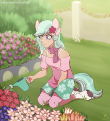 Size: 1181x1300 | Tagged: safe, artist:inuhoshi-to-darkpen, dahlia, satyr, anthro, unguligrade anthro, g5, clothes, eye clipping through hair, eyebrows, eyebrows visible through hair, flower, flower in hair, leg fluff, satyrized, scarf, watering, watering can