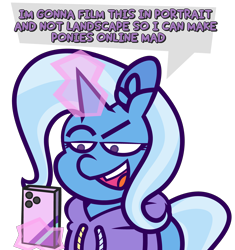 Size: 5000x5328 | Tagged: safe, artist:threetwotwo32232, trixie, pony, unicorn, g4, cellphone, clothes, dialogue, female, glowing, glowing horn, hoodie, horn, magic, magic aura, mare, phone, pure unfiltered evil, simple background, smartphone, solo, speech bubble, telekinesis, transparent background