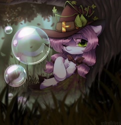 Size: 3000x3086 | Tagged: safe, artist:astralblues, oc, oc only, pony, bubble, cloak, clothes, eye clipping through hair, eyebrows, eyebrows visible through hair, forest, hat, high res, looking at you, one eye closed, solo