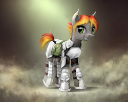 Size: 3300x2639 | Tagged: safe, artist:magfen, oc, oc only, earth pony, pony, fanfic:rekindled embers, armor, bag, ear piercing, earring, freckles, high res, jewelry, medic, piercing, saddle bag, short tail, solo, tail