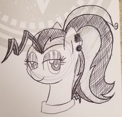 Size: 1533x1463 | Tagged: safe, artist:legendoflink, pinkie pie, earth pony, pony, g4, alternate hairstyle, ear piercing, earring, female, heart, heart eyes, jewelry, lidded eyes, looking at you, mare, monochrome, piercing, smiling, solo, traditional art, wingding eyes