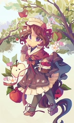 Size: 2475x4096 | Tagged: safe, artist:saxopi, oc, oc only, unicorn, semi-anthro, apple, arm hooves, basket, clothes, dress, female, flower, food, horn, leaf, looking at you, solo, tree
