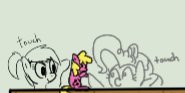 Size: 185x93 | Tagged: safe, artist:legendoflink, cherry berry, pinkie pie, earth pony, pony, g4, female, mare, micro, ponytail, smiling, touch