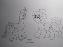 Size: 901x676 | Tagged: safe, artist:soenjay, pinkie pie, zipp storm, earth pony, pegasus, pony, g4, g5, atg 2022, duo, duo female, female, mare, newbie artist training grounds, open mouth, open smile, smiling, traditional art