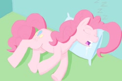 Size: 1500x1000 | Tagged: safe, artist:legendoflink, pinkie pie, earth pony, pony, g4, drool, drool string, female, lying down, mare, on side, onomatopoeia, open mouth, pillow, saliva puddle, sleeping, snoring, sound effects, zzz