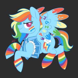 Size: 1800x1800 | Tagged: safe, artist:alithinksshecandraw, rainbow dash, pegasus, pony, g4, clothes, face paint, female, gray background, jacket, looking at you, paint, pride, pride flag, pride socks, rainbow socks, side view, signature, simple background, smiling, smiling at you, socks, solo, striped socks, wristband